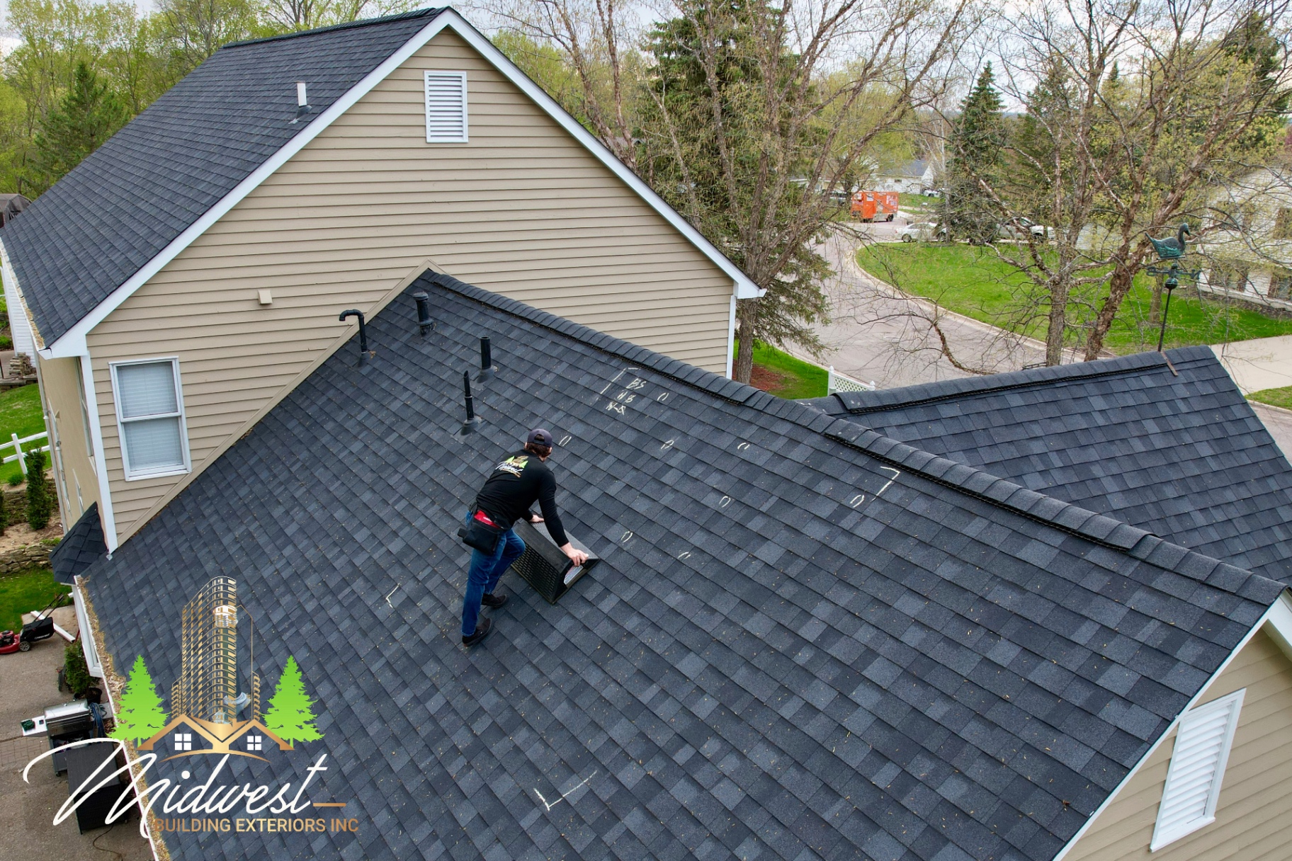Drone roof inspection markup showing documented storm damage for an insurance claim