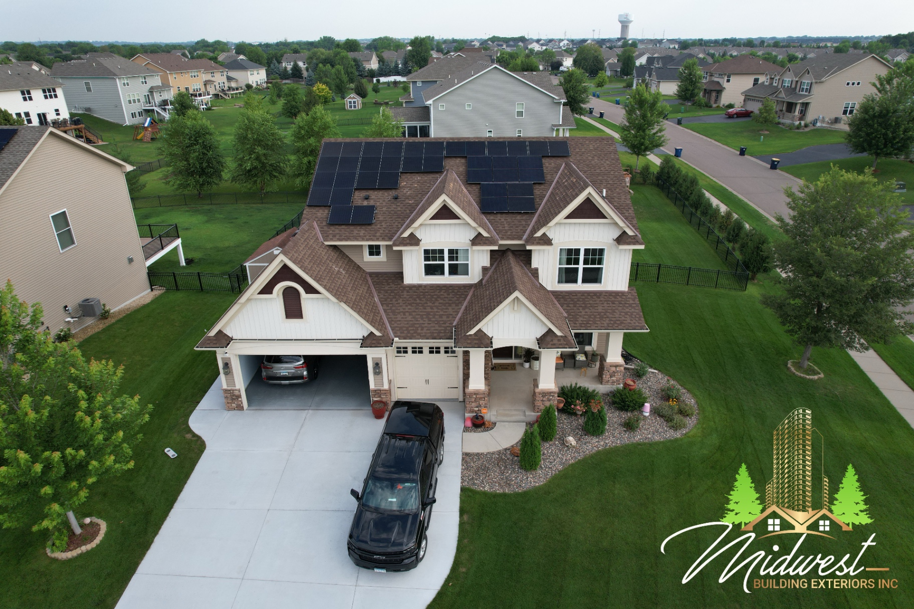 Insurance Claim Roof Solar Aerial — Midwest Building Exteriors